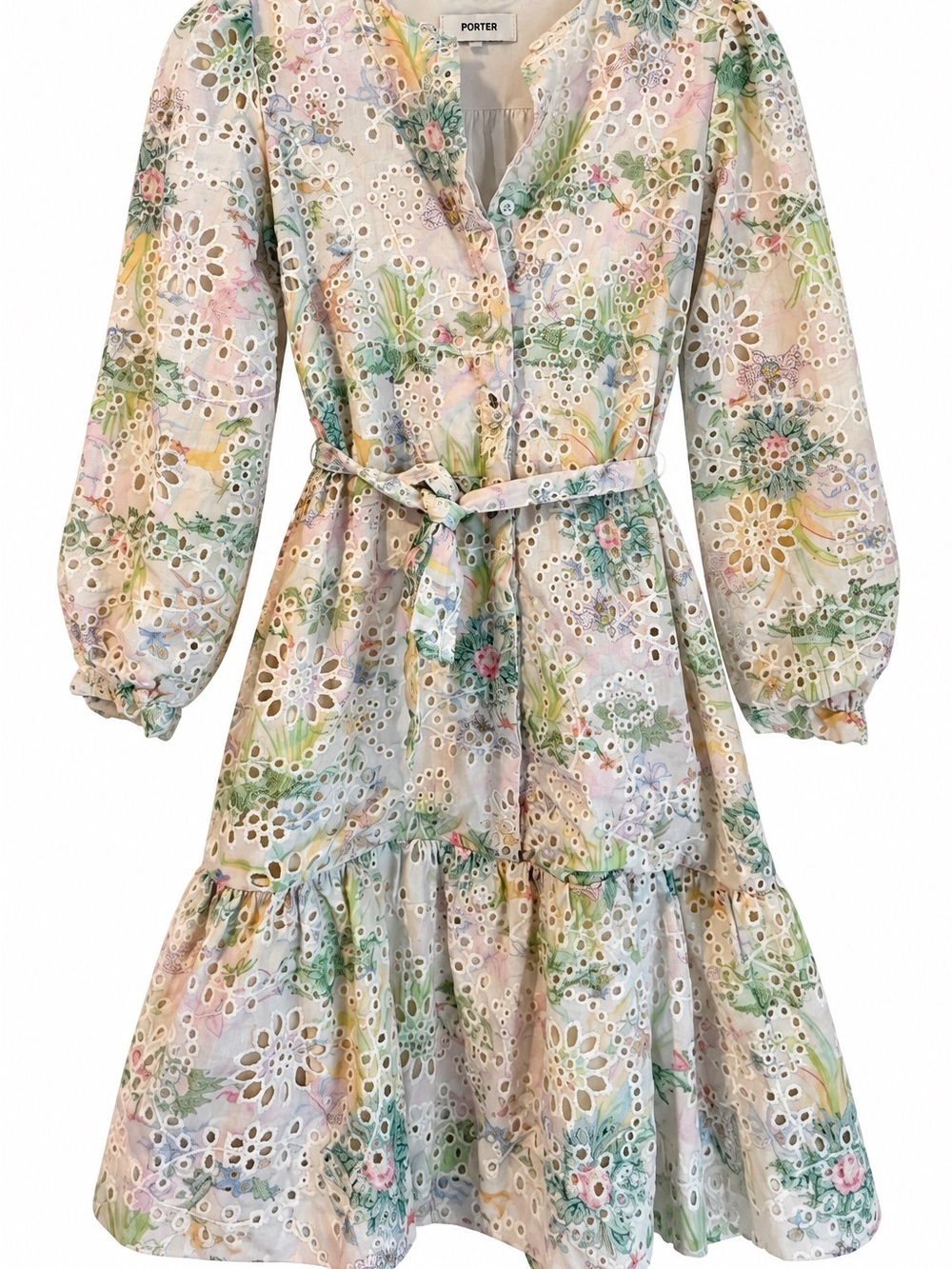 Porter Pastel Floral Eyelet Midi Dress in Multi
